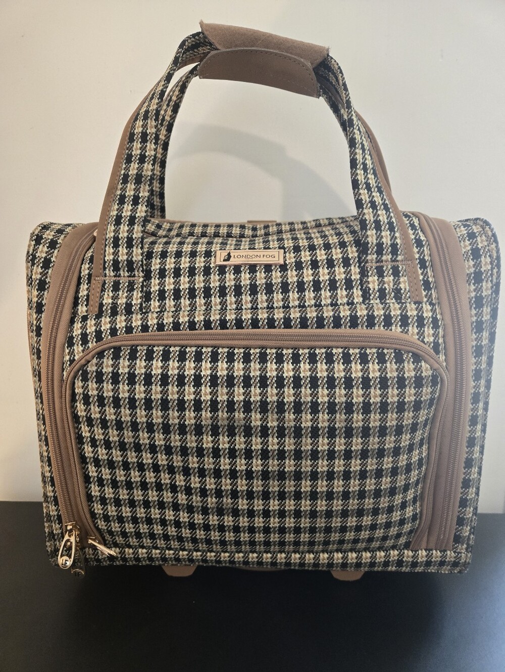 London Fog Black & Cream Houndstooth Travel Bag with Tan Trim